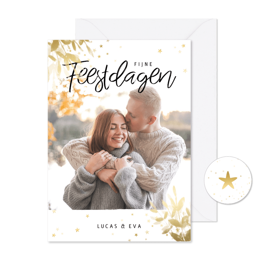 Kerstkaart botanisch goud met foto en sterren - Kaartimpressie