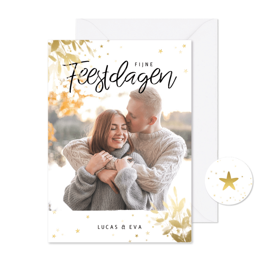 Kerstkaart botanisch goud met foto en sterren - Kaartimpressie