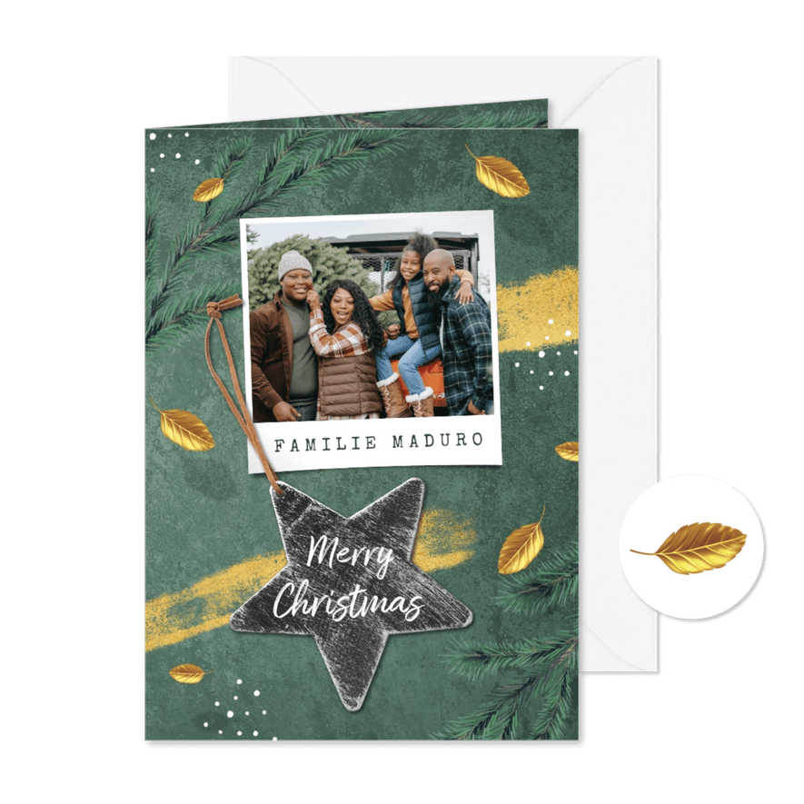 Kerstkaart botanisch groen goud label foto dennen - Kaartimpressie