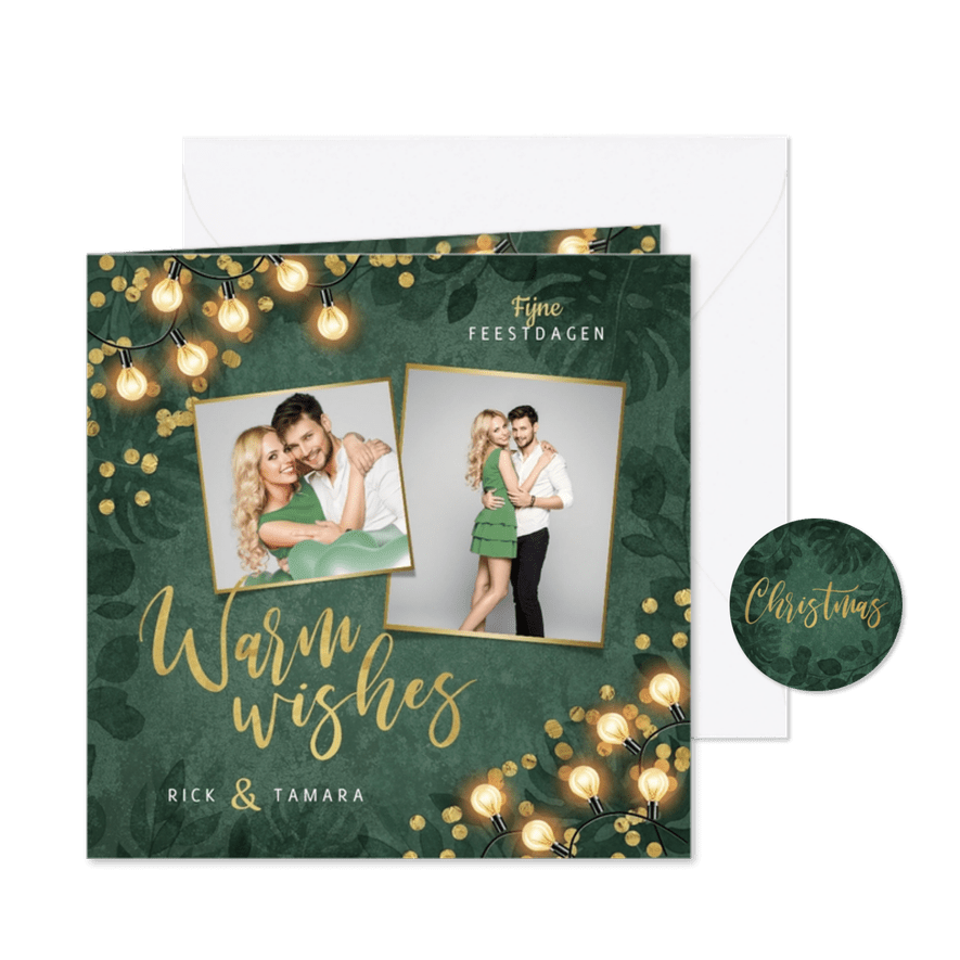 Kerstkaart botanisch groen goud lampjes confetti foto - Kaartimpressie