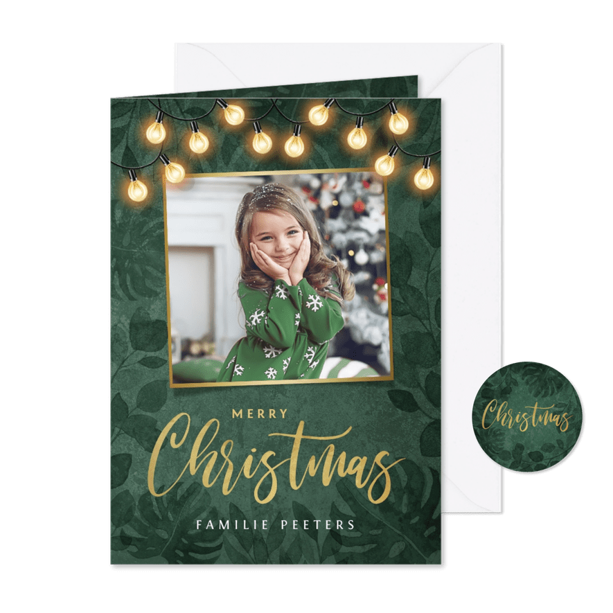 Kerstkaart botanisch groen goud lampjes foto jungle - Kaartimpressie