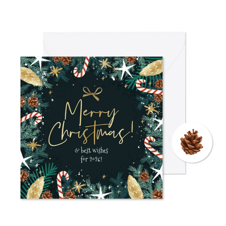 Kerstkaart botanisch kerstelementen goudlook sneeuw - Kaartimpressie