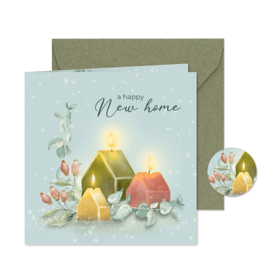 Kerstkaart botanisch met huisjeskaarsen - Kaartimpressie