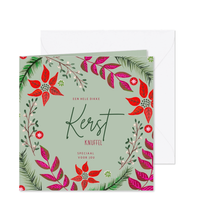 Kerstkaart botanisch rode kerstbloem en takjes - Kaartimpressie