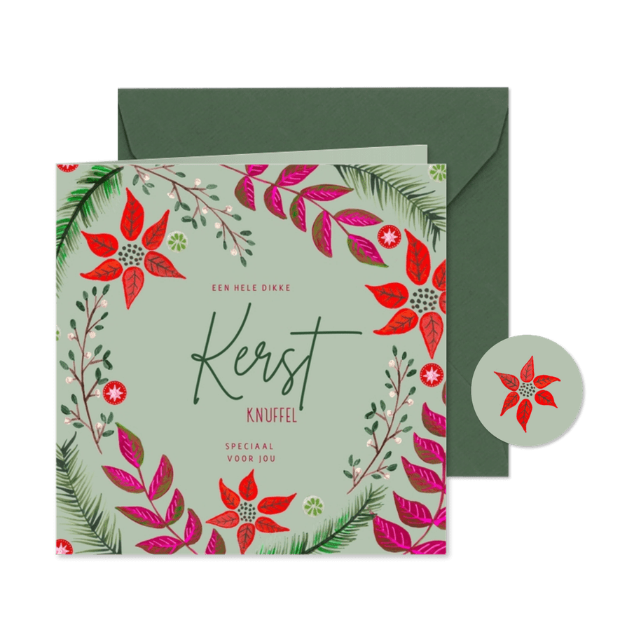 Kerstkaart botanisch rode kerstbloem en takjes - Kaartimpressie