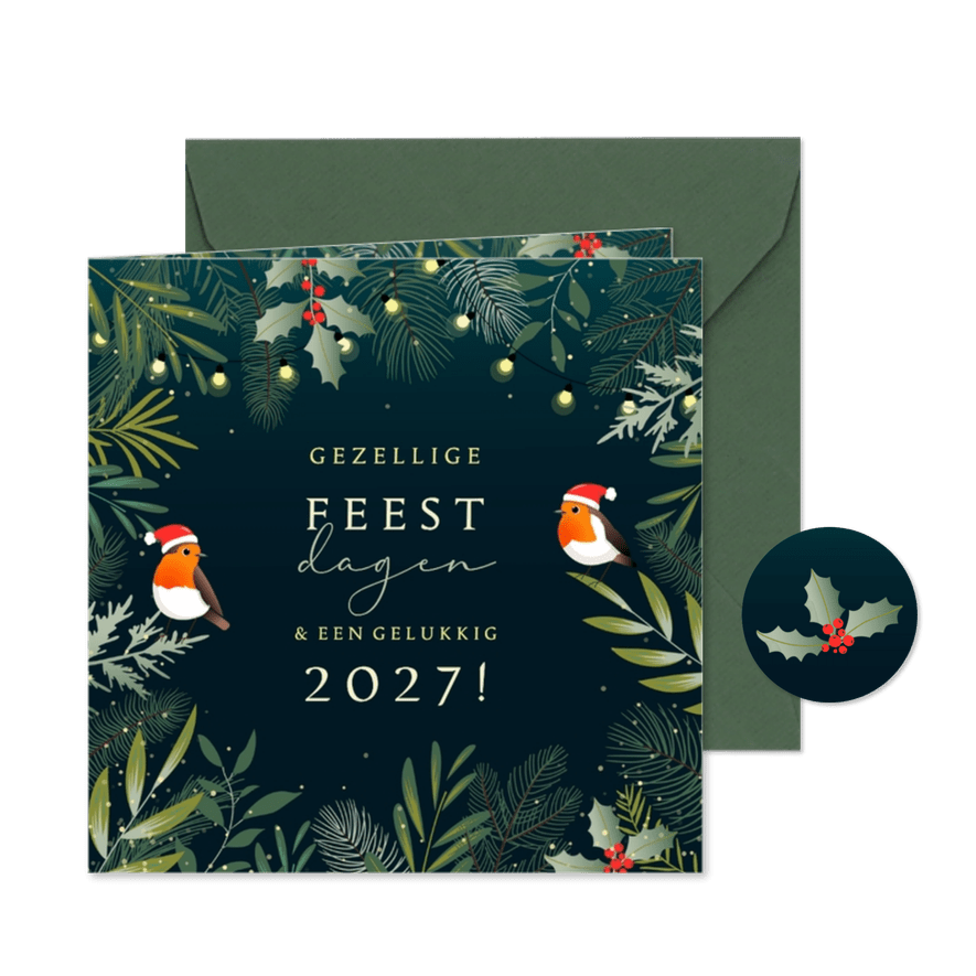 Kerstkaart botanisch roodborstjes met kerstmuts en lichtjes - Kaartimpressie