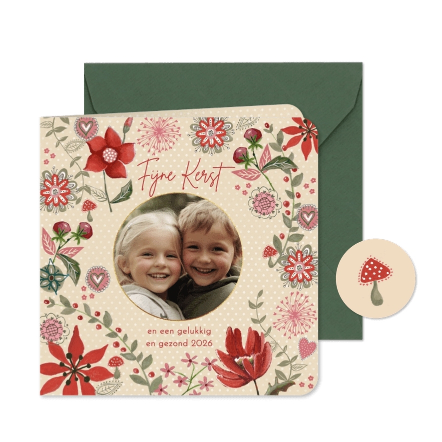 Kerstkaart botanische bloemen en stippen - Kaartimpressie