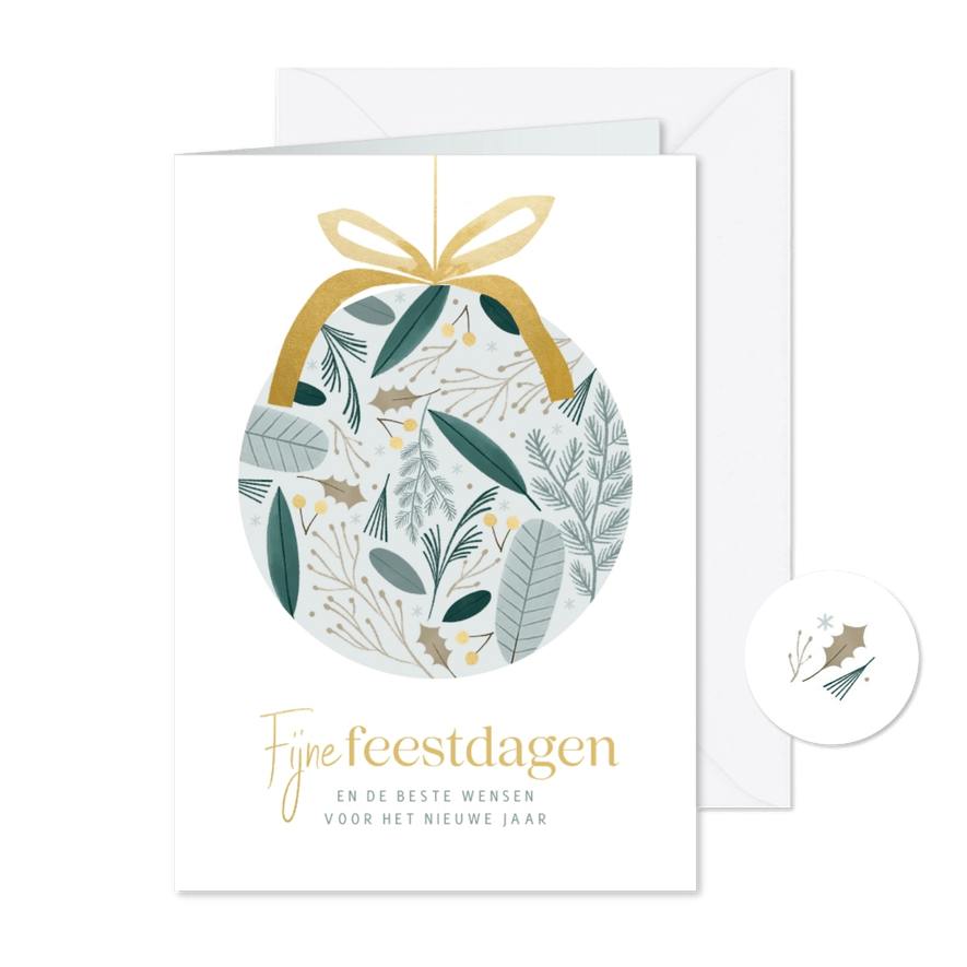 Kerstkaart botanische kerstbal goudlook strik  - Kaartimpressie