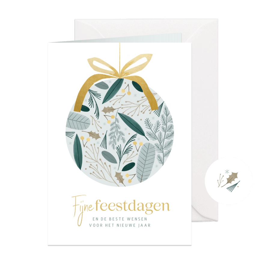 Kerstkaart botanische kerstbal goudlook strik  - Kaartimpressie