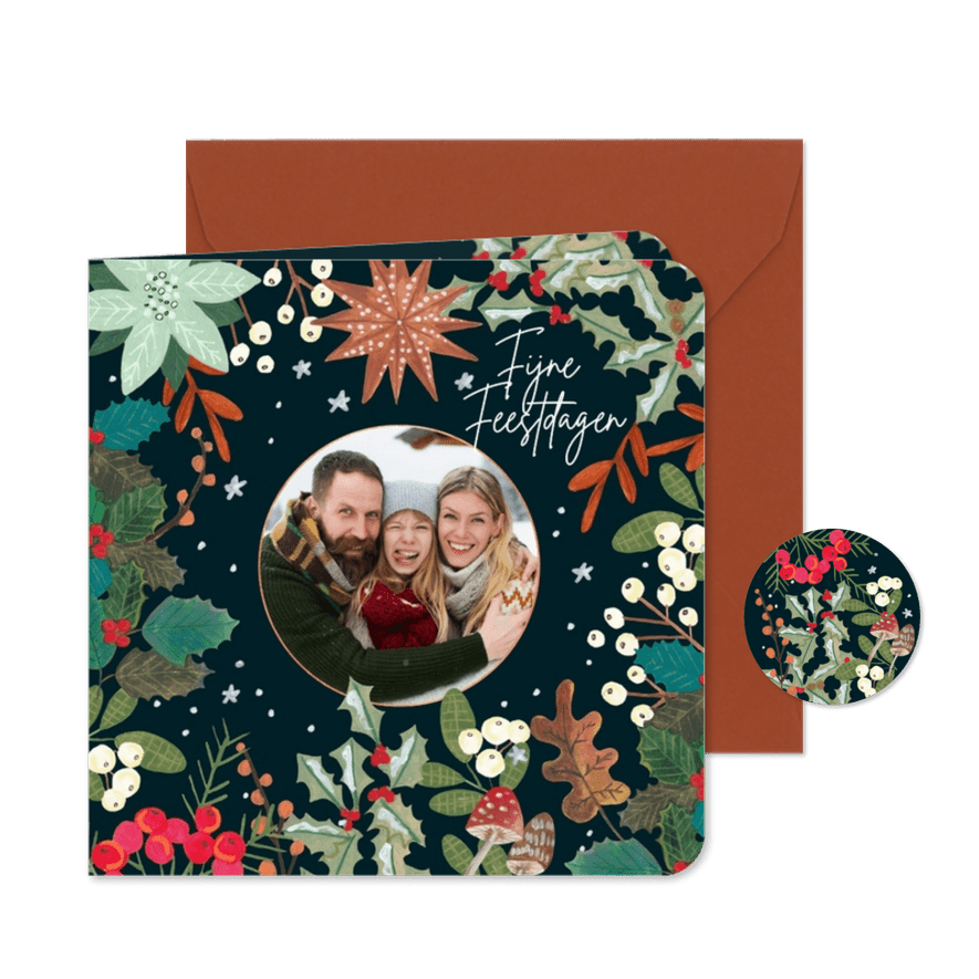 Kerstkaart botanische kerstkrans om foto - Kaartimpressie
