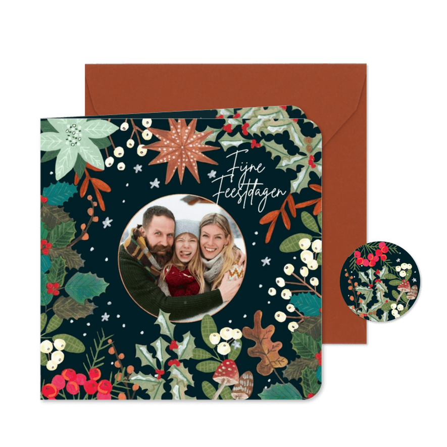 Kerstkaart botanische kerstkrans om foto - Kaartimpressie