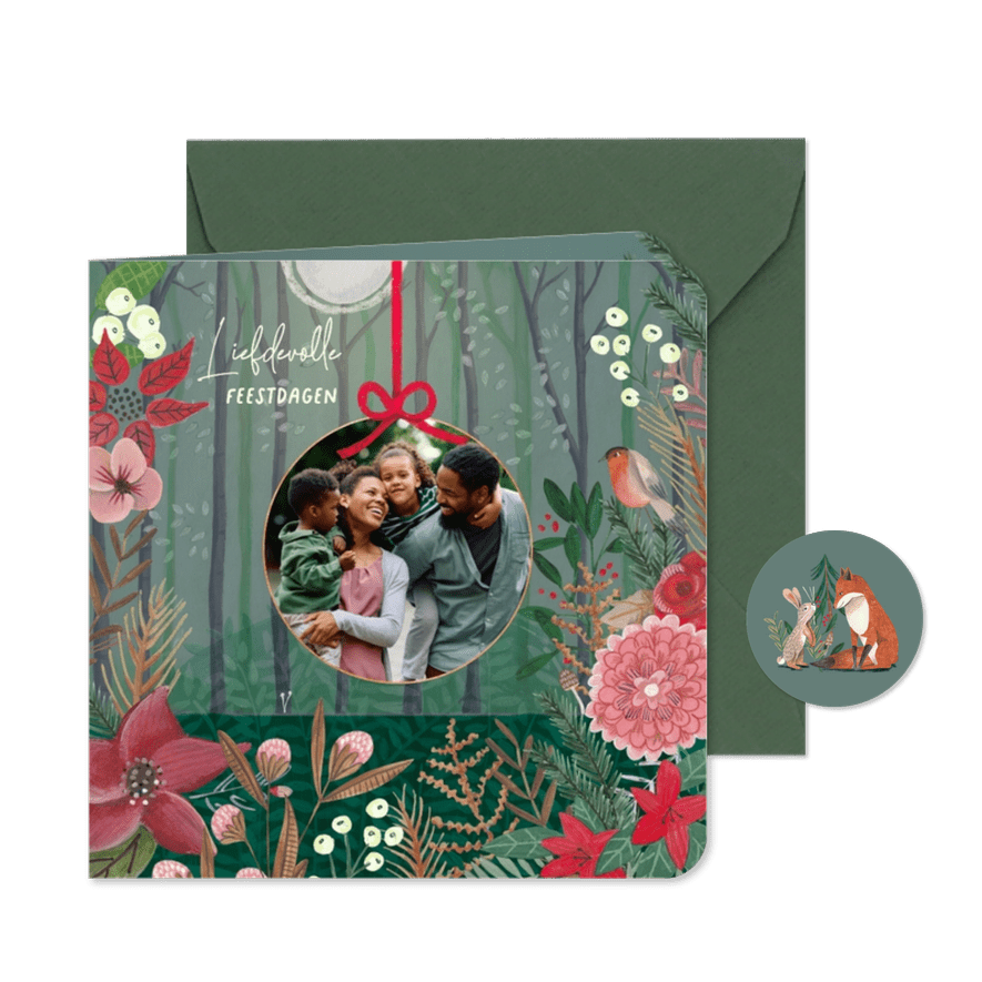  Kerstkaart botanische natuur met foto in kerstbal - Kaartimpressie