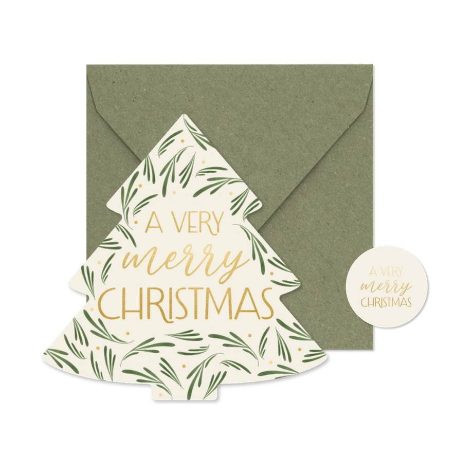 Kerstkaart botanische takjes met gouden tekst kerstboom - Kaartimpressie