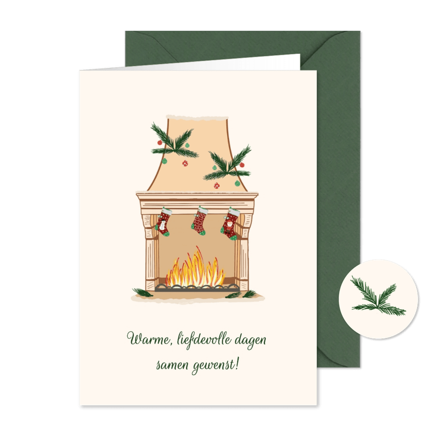 Kerstkaart brandende openhaard met kerstsokken - Kaartimpressie