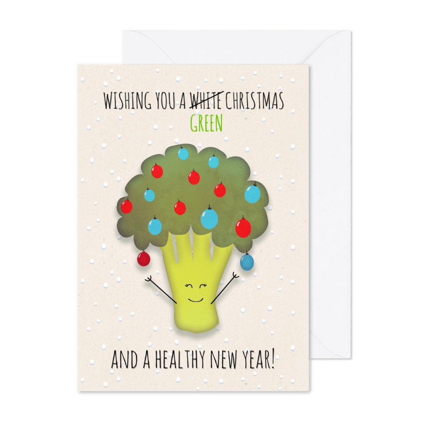 Kerstkaart broccoli staand wishing you a green Christmas - Kaartimpressie