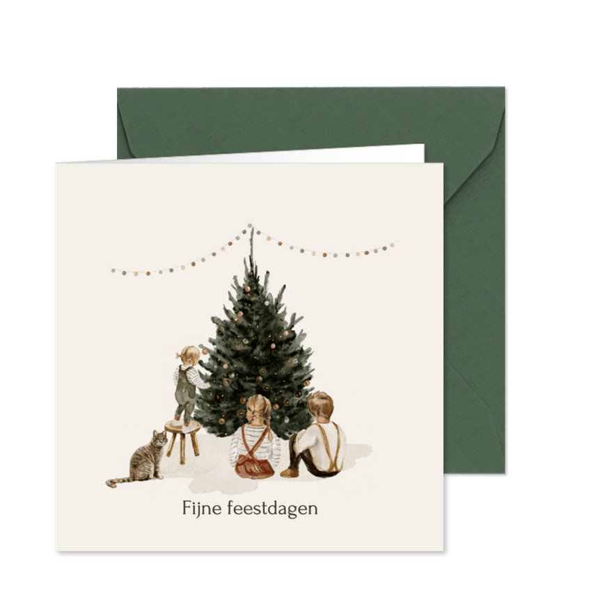 Kerstkaart broertje zusjes kerstboom kat - Kaartimpressie
