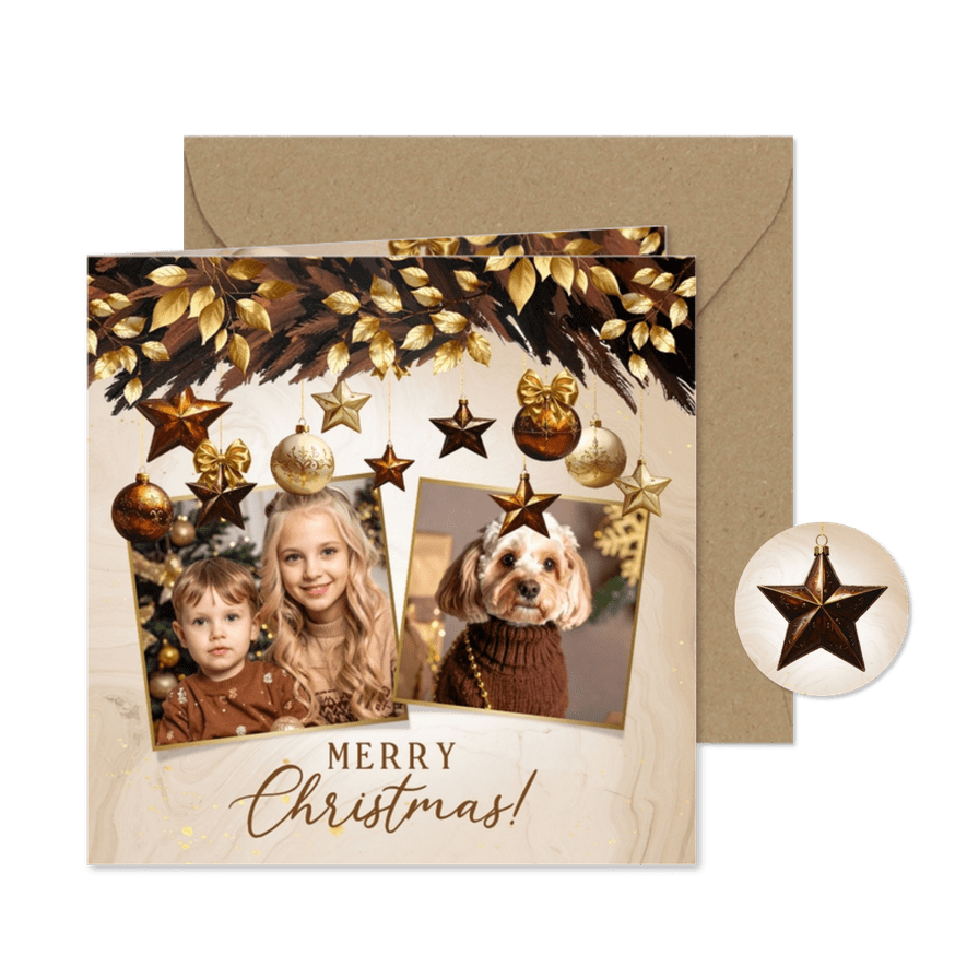 Kerstkaart bruine kersttak, kerstballen, sterren en foto's - Kaartimpressie