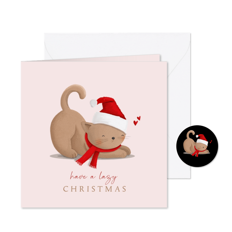 Kerstkaart bruinrode kat met kerstmuts - Kaartimpressie