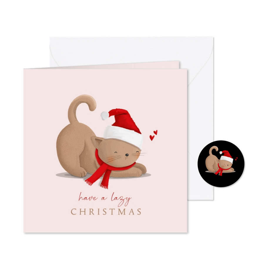 Kerstkaart bruinrode kat met kerstmuts - Kaartimpressie