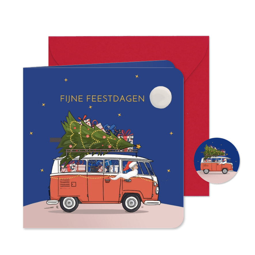Kerstkaart busje met kerstman en boom - Kaartimpressie