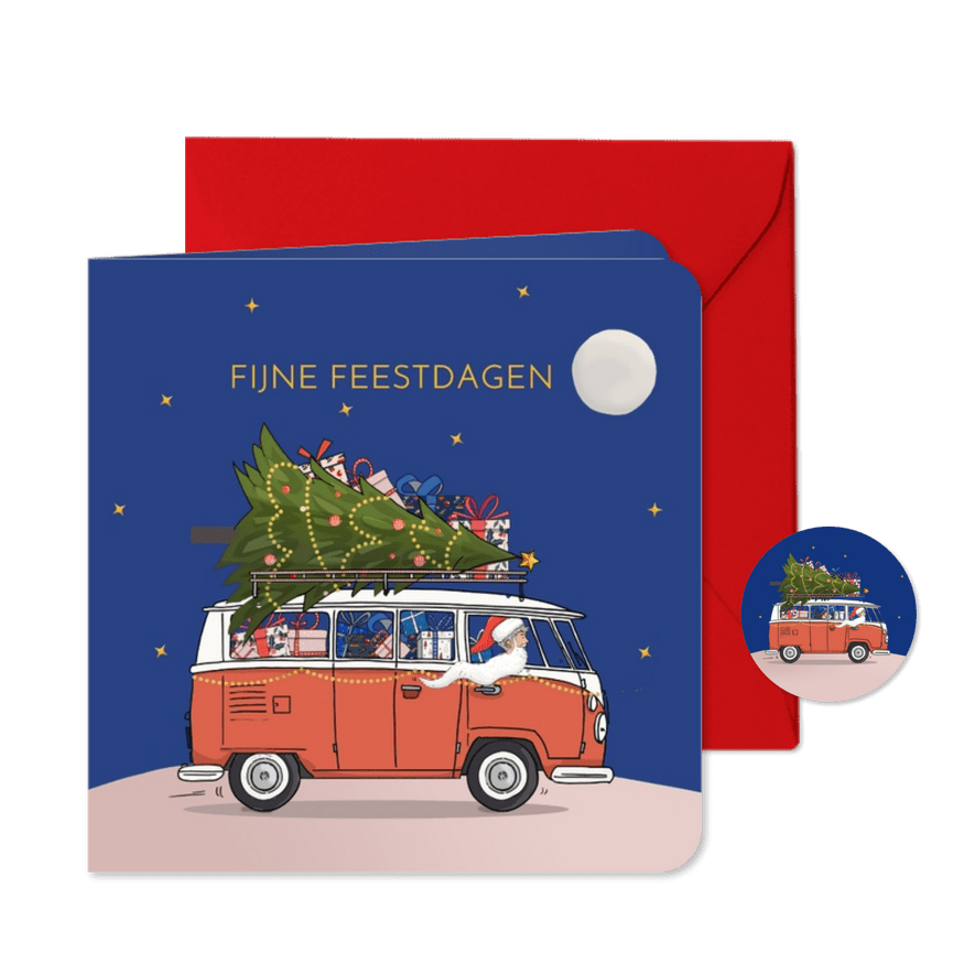 Kerstkaart busje met kerstman en boom - Kaartimpressie