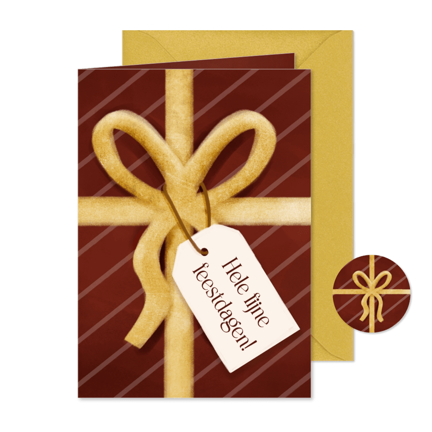 Kerstkaart cadeautje look rood gouden strik - Kaartimpressie