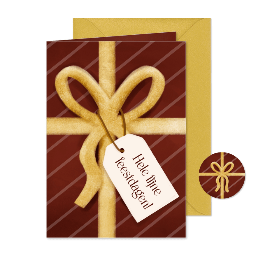 Kerstkaart cadeautje look rood gouden strik - Kaartimpressie