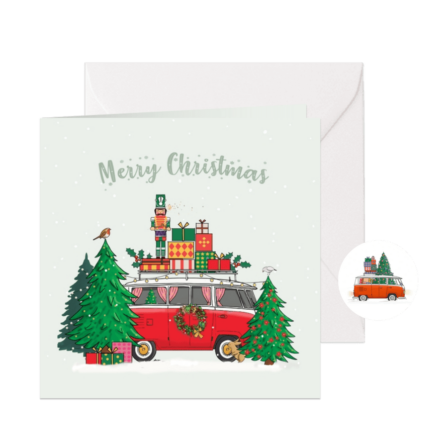 Kerstkaart camper rood met kerstbomen - Kaartimpressie