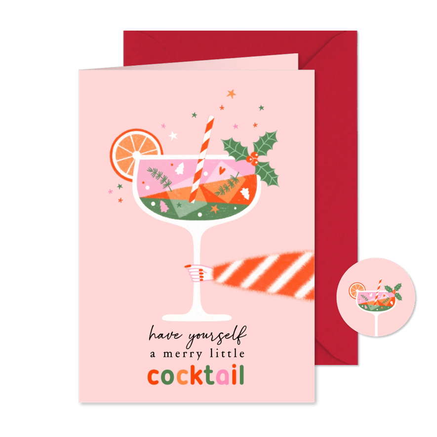Kerstkaart cheers cocktail rood groen roze - Kaartimpressie