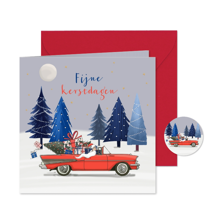Kerstkaart Chevrolet bell air rood met kerstman - Kaartimpressie