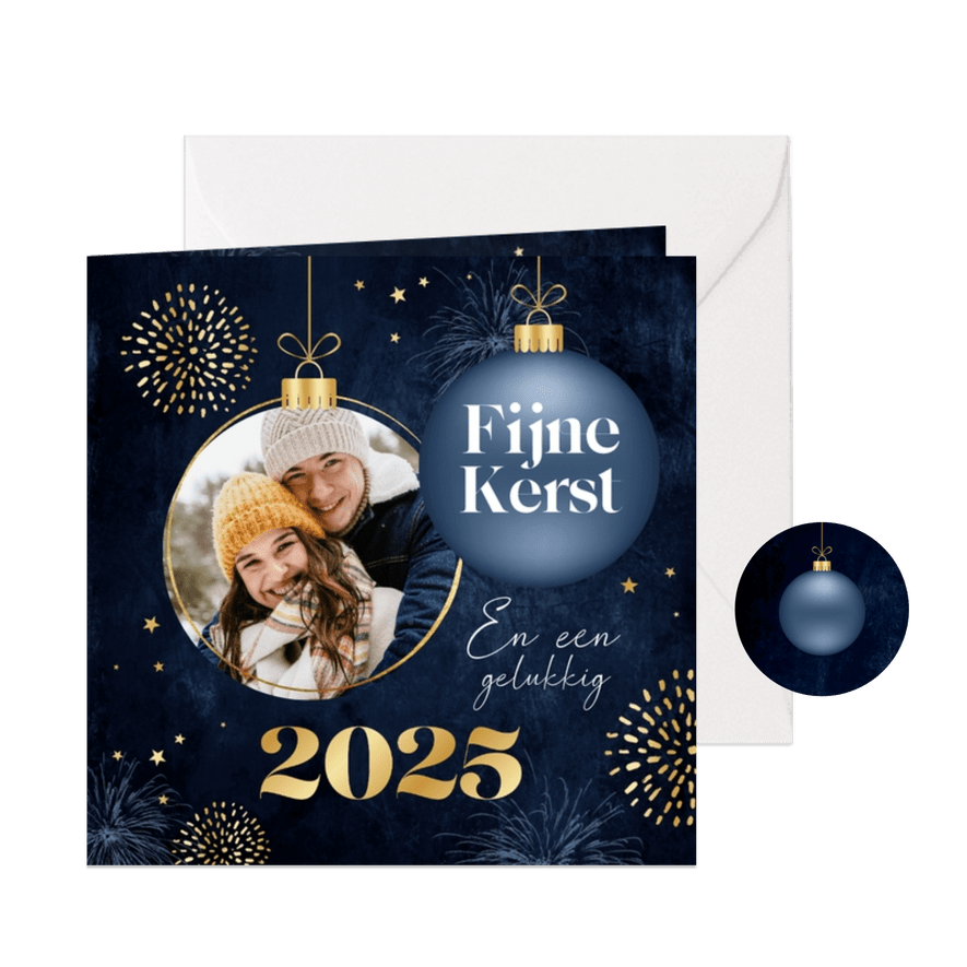 Kerstkaart chique fijne kerst goud kerstbal foto sterren - Kaartimpressie