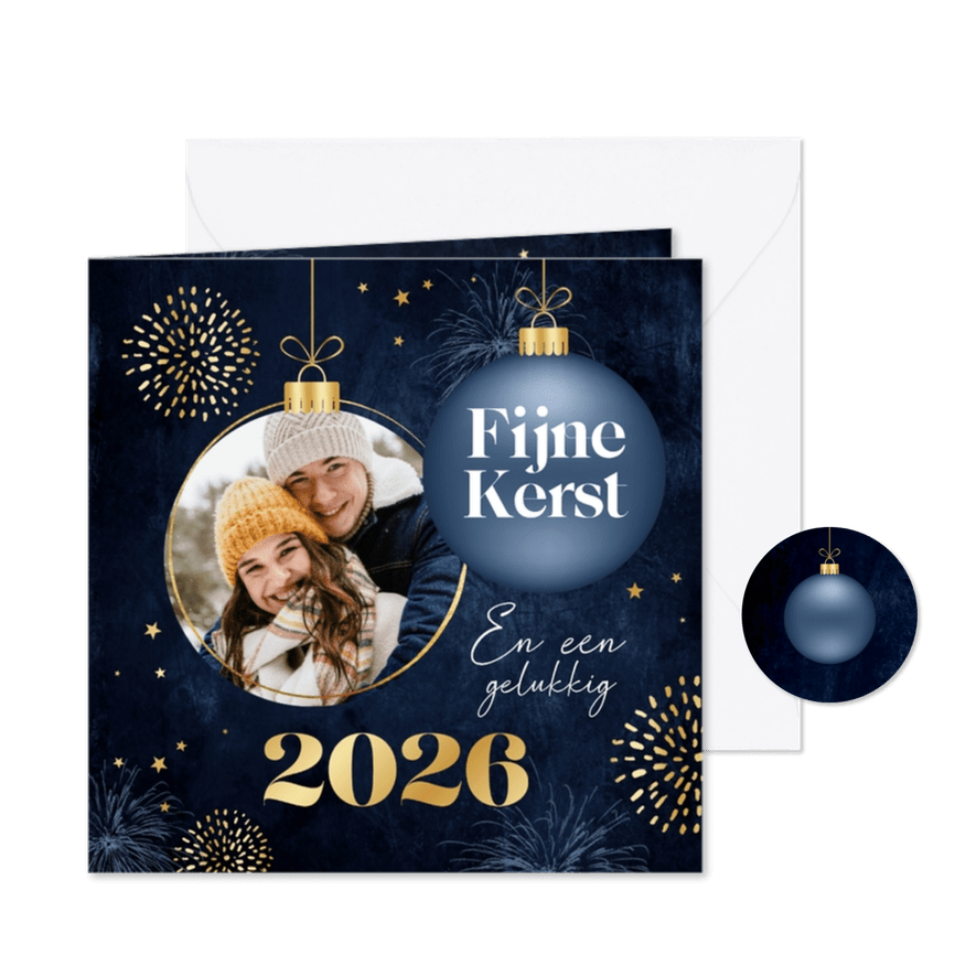 Kerstkaart chique fijne kerst goud kerstbal foto sterren - Kaartimpressie