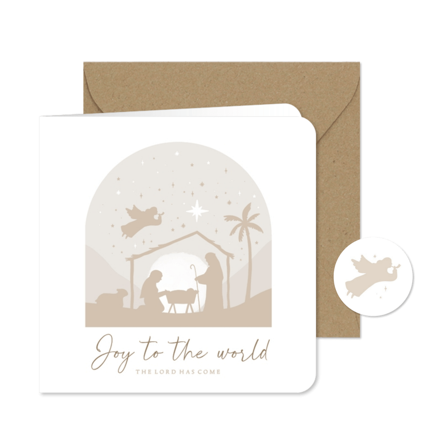 Kerstkaart christelijk beige kerststal engel silhouet - Kaartimpressie