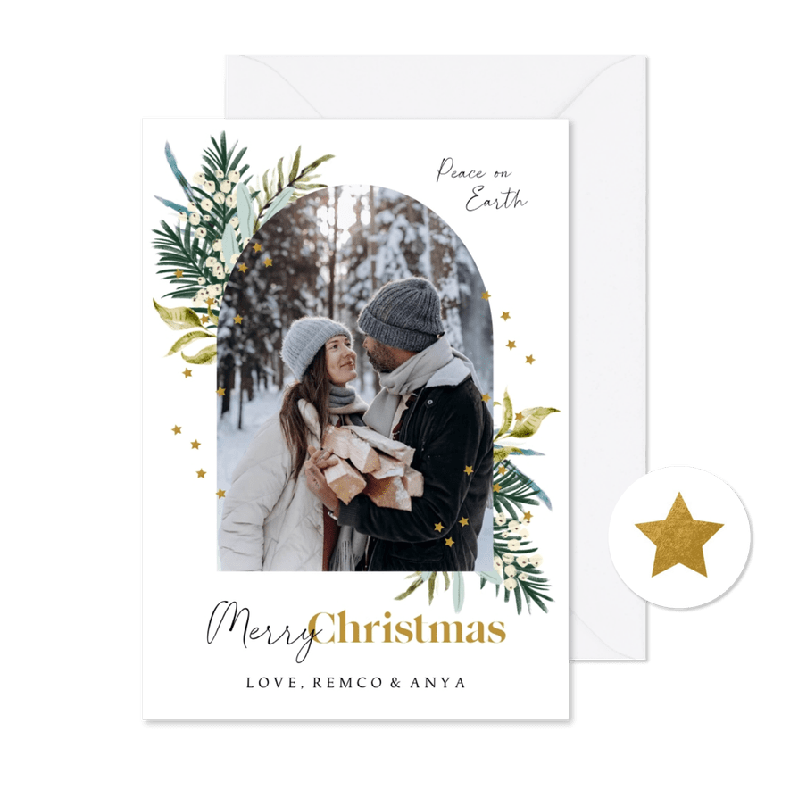 Kerstkaart christelijk foto botanisch kersttakken ster goud - Kaartimpressie