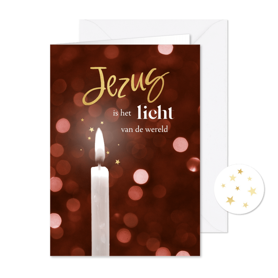 Kerstkaart christelijk jezus licht wereld kaars sterren goud - Kaartimpressie