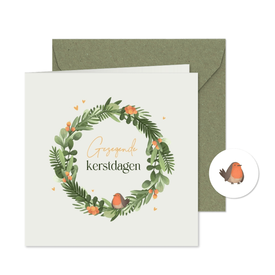 Kerstkaart christelijk kerstkrans roodborstje hartjes - Kaartimpressie