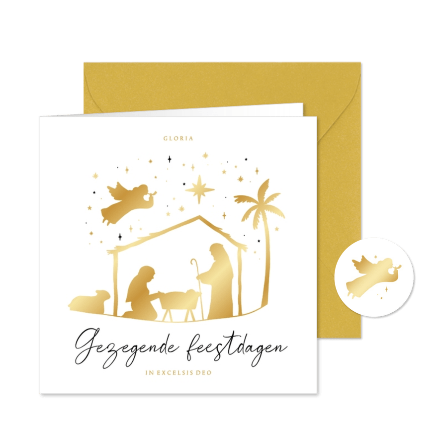 Kerstkaart christelijk kerststal jozef maria engel goud - Kaartimpressie