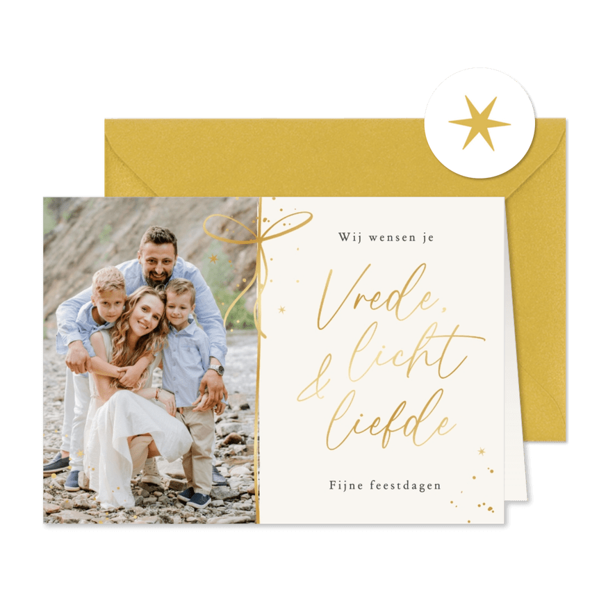 Kerstkaart christelijk licht liefde vrede strik goud foto - Kaartimpressie