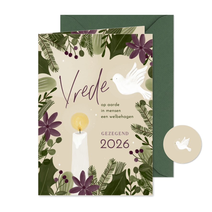 Kerstkaart christelijk vrede botanisch duif en kaars jaartal - Kaartimpressie