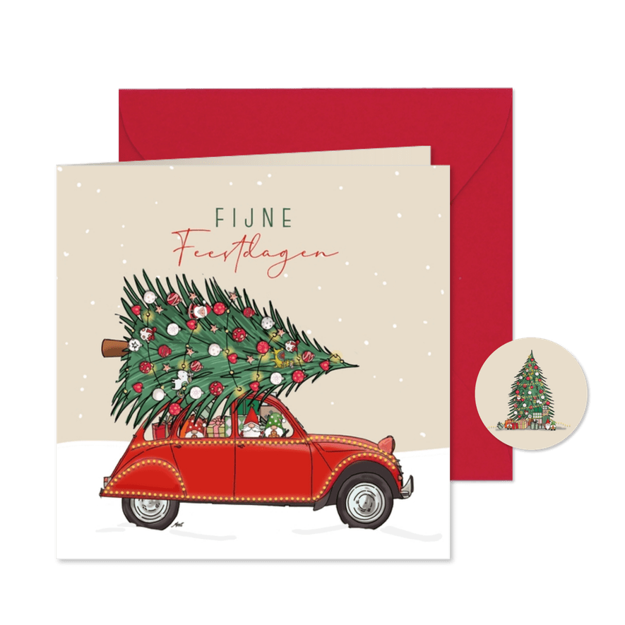 Kerstkaart Citroën 2cv rood met kerstboom - Kaartimpressie