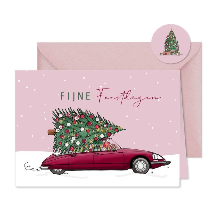 Kerstkaart Citroen DS bordeaux rood met kerstboom - Kaartimpressie