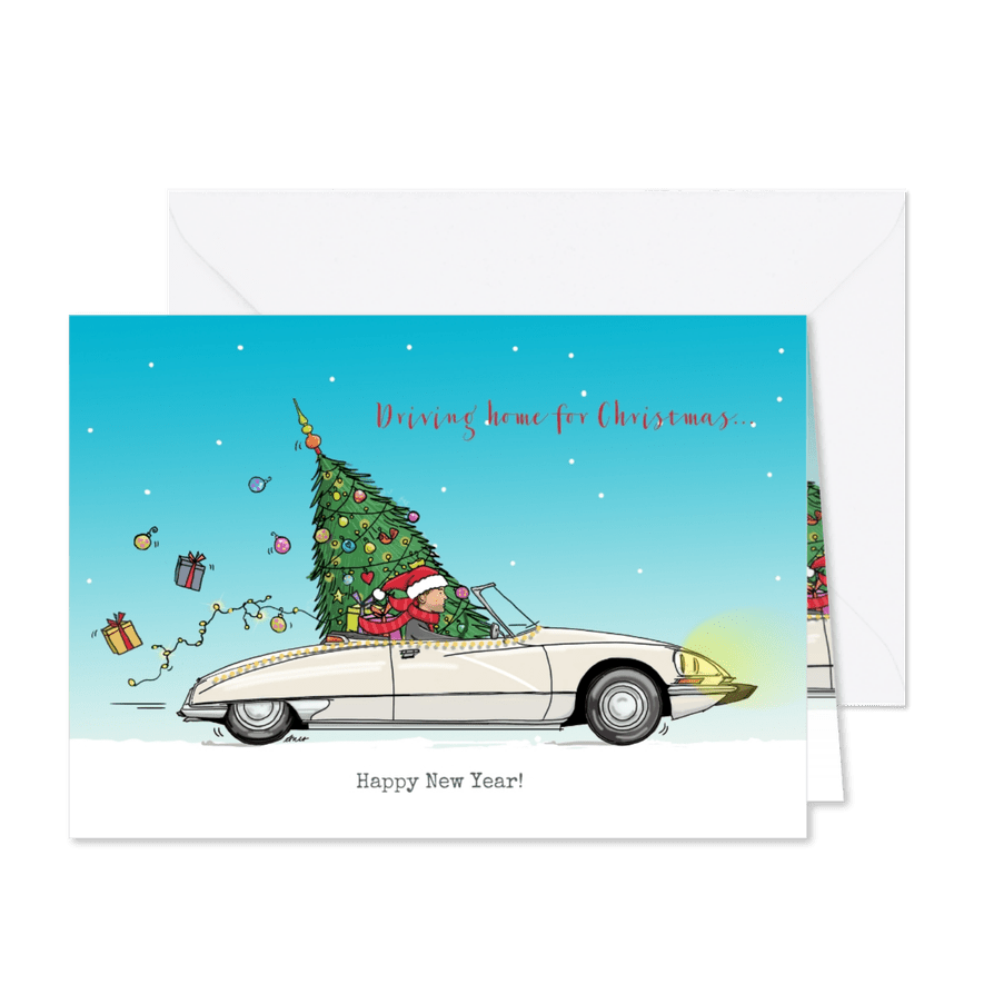 Kerstkaart Citroen DS cabrio wit - Kaartimpressie