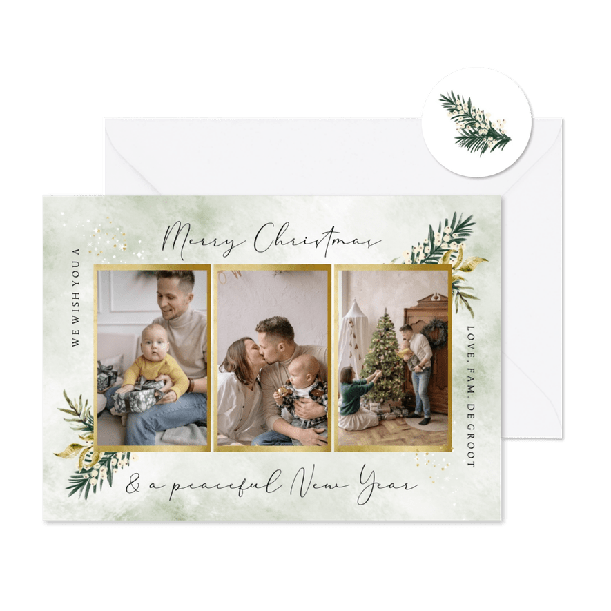 Kerstkaart collage stijlvol botanische bladeren sterren goud - Kaartimpressie