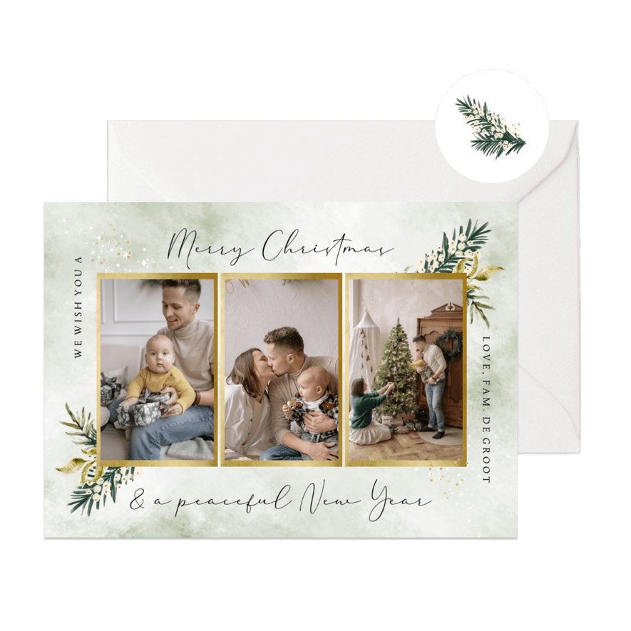 Kerstkaart collage stijlvol botanische bladeren sterren goud - Kaartimpressie