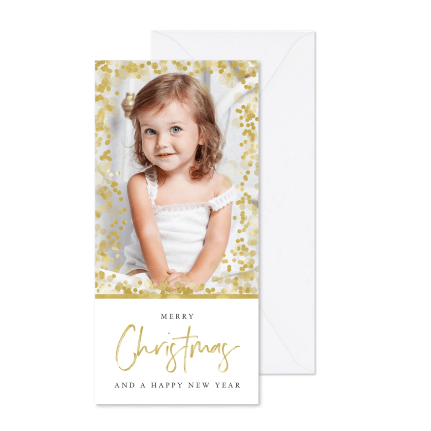 Kerstkaart confetti goud merry christmas hip - Kaartimpressie