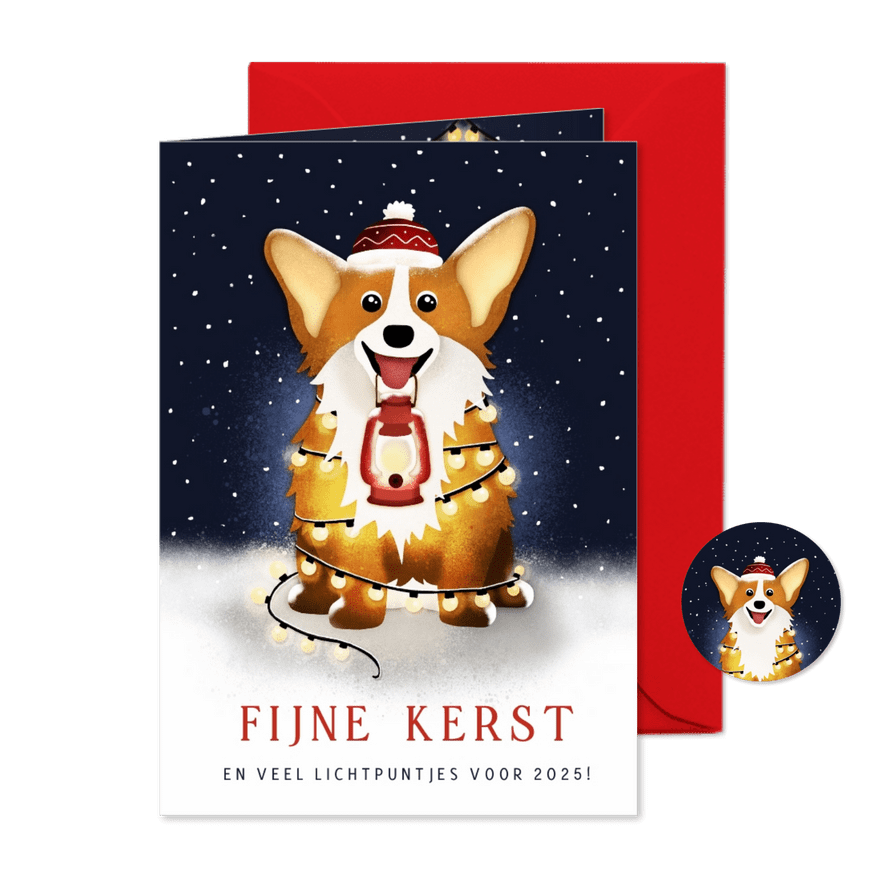 Kerstkaart Corgi hond met kerstlampjes in de nacht - Kaartimpressie