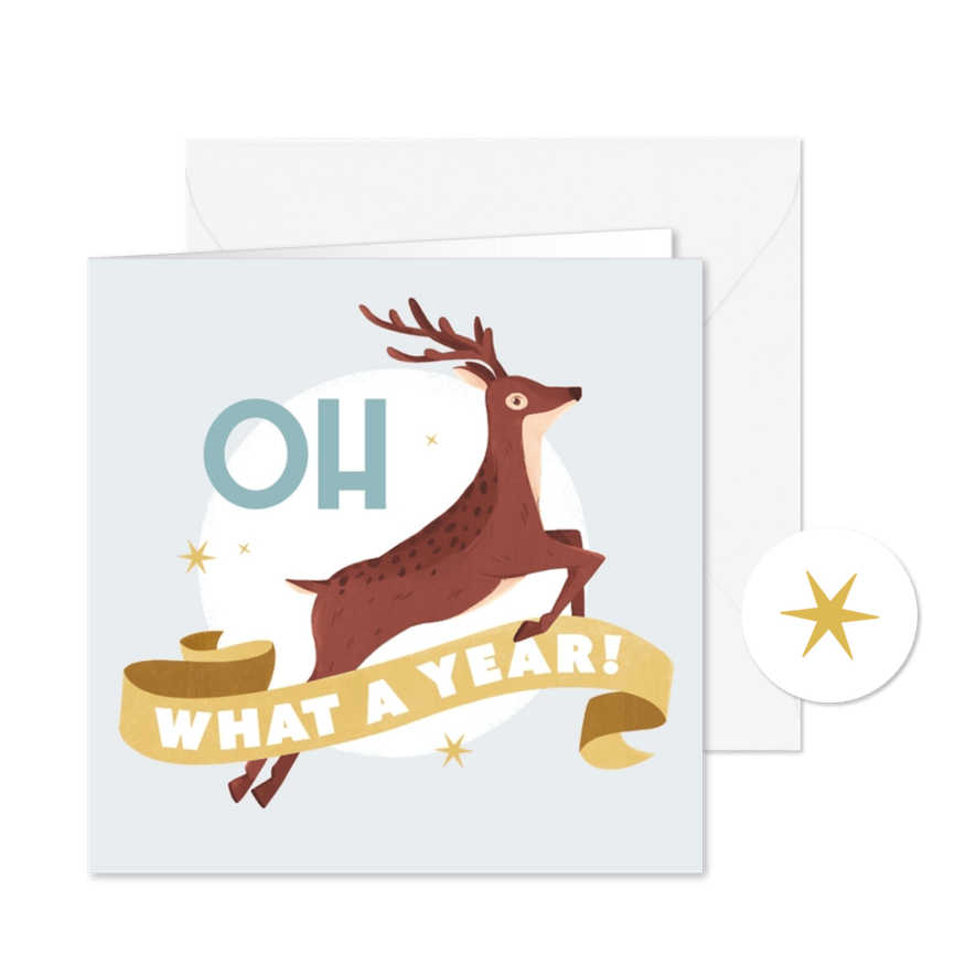 Kerstkaart corona rendier oh dear what a year illustratie - Kaartimpressie