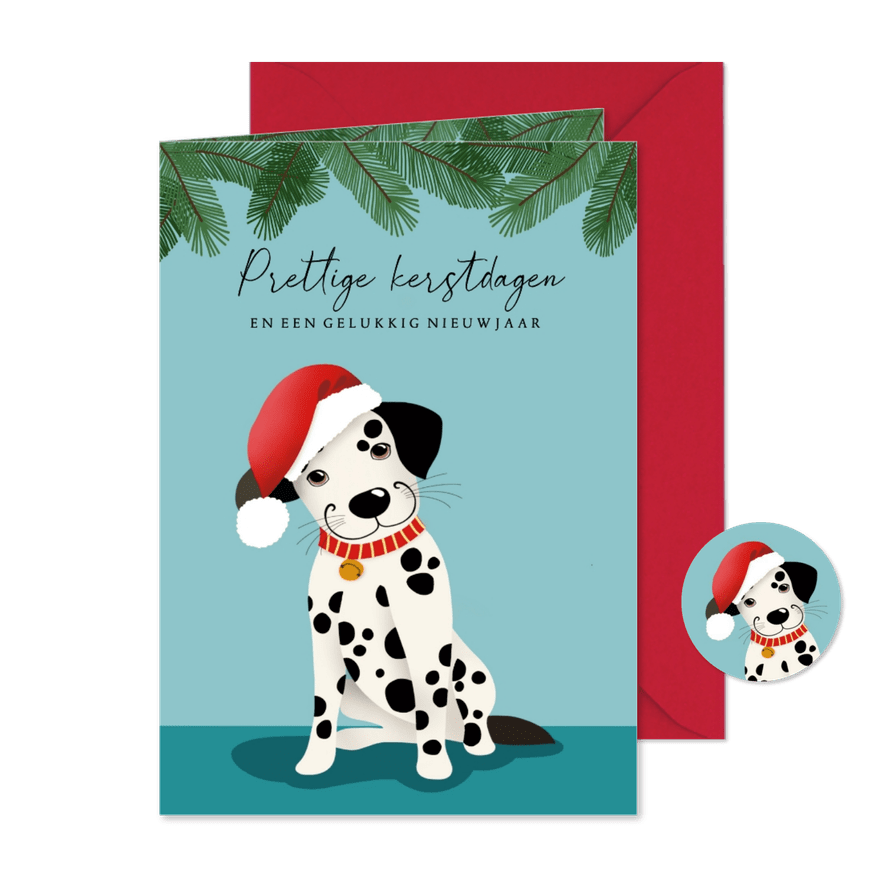Kerstkaart - Dalmatiër met een kerstmuts op - Kaartimpressie
