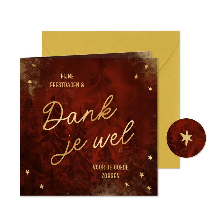 Kerstkaart dankjewel met kerstbomen en sterren - Kaartimpressie