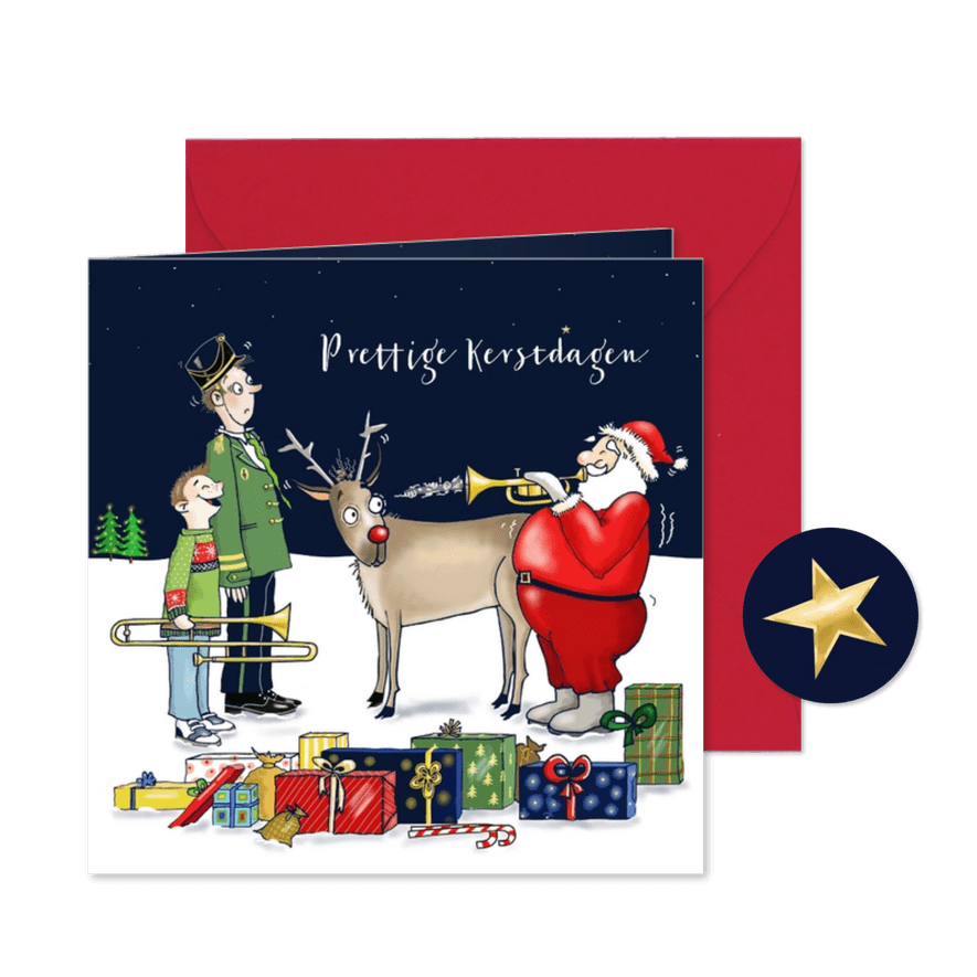 Kerstkaart de kerstman speelt trompet - Kaartimpressie